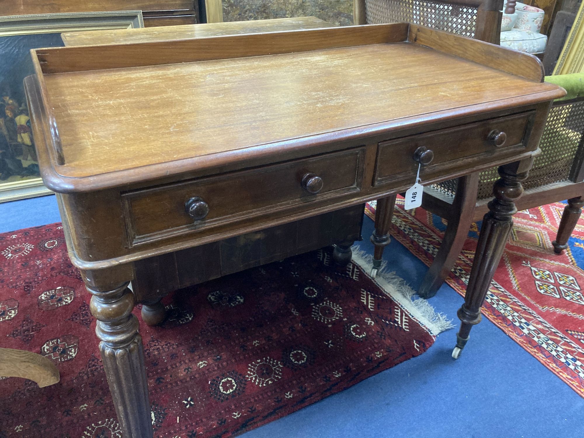 A Victorian mahogany two drawer side table, width 98cm, depth 50cm, height 82cm